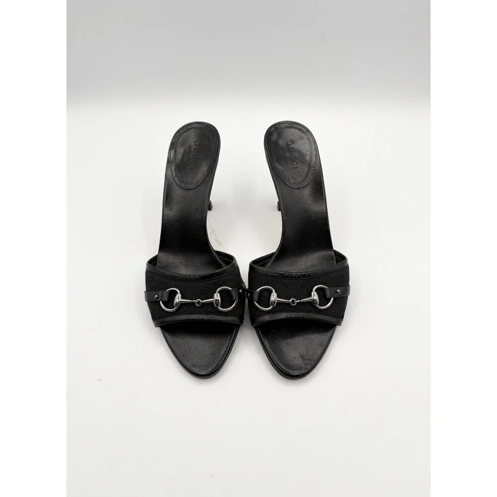 Gucci Black Leather Mules Canvas GG Logo Silver Horsebit Heels Y2K Size EU 35.5
